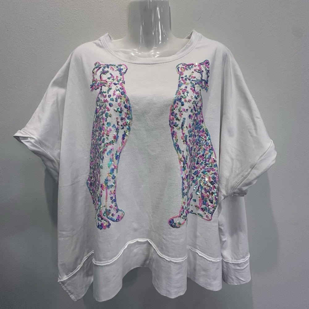 Peach Love California White Short Sleeve Cat Sequin Sweatshirt 100% Cotton